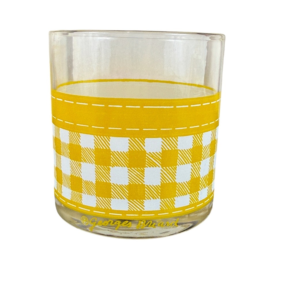 Vintage Georges Briard MCM Bar Lowball Glasses Yellow‎ Gingham Set of 3